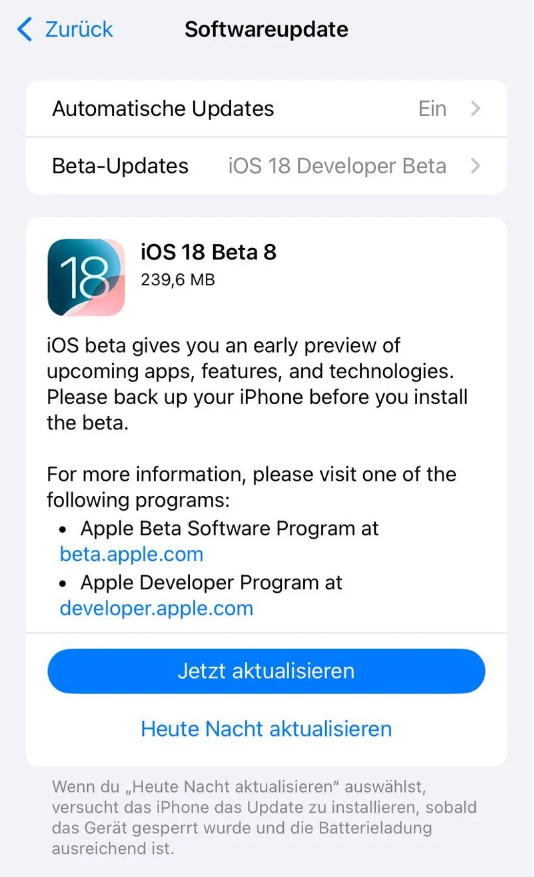 东昌苹果手机维修分享苹果 iOS / iPadOS 18 开发者预览版 Beta 8 发布 